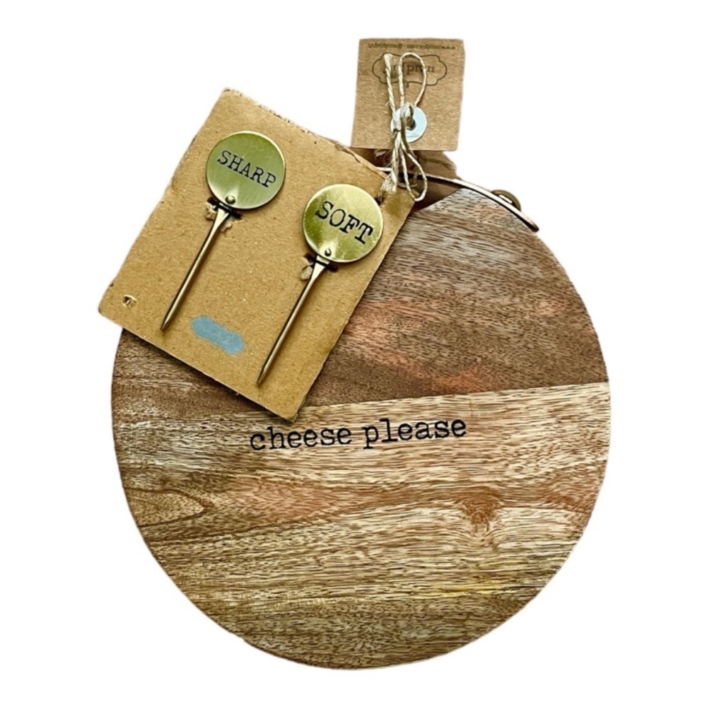 MUD PIE "Cheese Please" Round Wooden Cheese Board w/ 2 Metal Picks 7" Dia NWT
